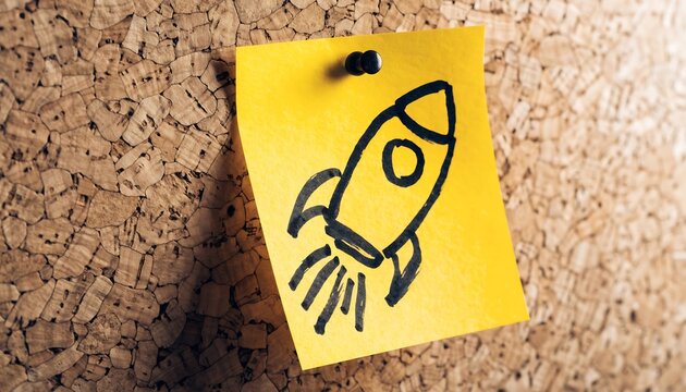 A hand drawn rocket ship sketch on a yellow sticky note attached to a cork board