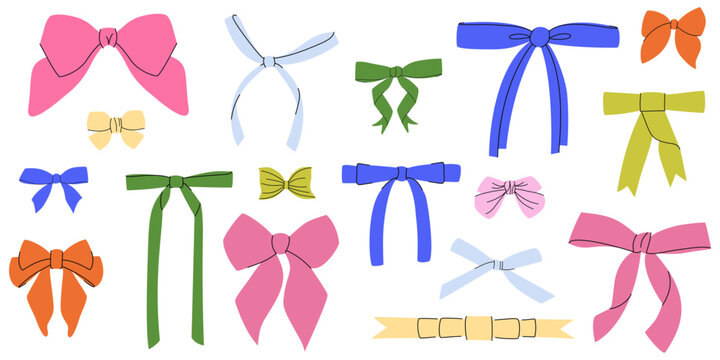 Bright colorful bow ribbons vector set on white background. Cute hand drawn ribbon ties for gift wrapping, greeting cards, birthday party decor, and fashion design
