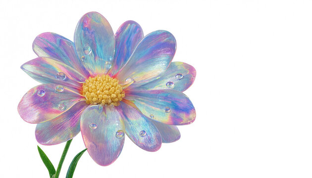 Iridescent holographic glass daisy flower with shiny water droplets isolated on clean white background spring beauty concept