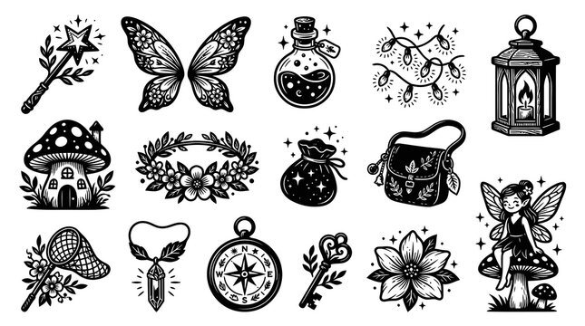 Whimsical Fantasy  Fairy Tale Icons Set - Black  White Line Art Illustrations Collection