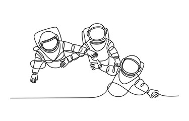 Continuous single line drawing of three astronauts floating in space © Bobita