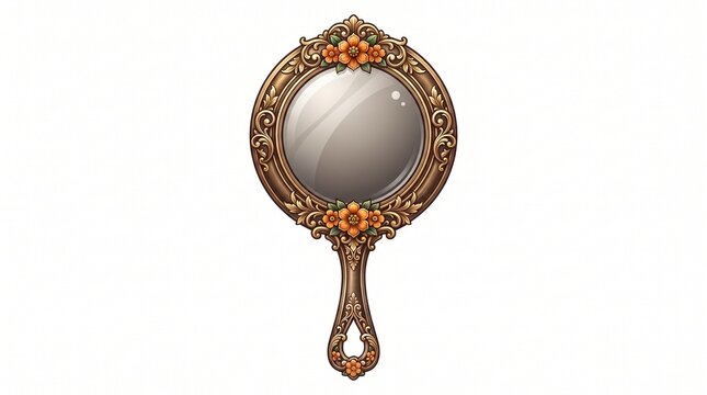 Ornate vintage royal hand mirror with a copper frame and floral patterns isolated on a white background for beauty and vanity