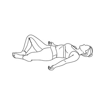 Line art illustration of a woman in supta baddha konasana yoga pose