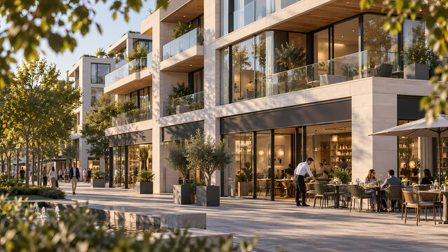 Contemporary mixed use building with glass storefronts, residential balconies and landscaped frontage, featuring outdoor cafe seating, pedestrians and mature trees along a bright urban promenade