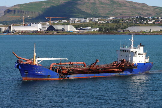 Soley (IMO 7711103), a hopper dredger built in 1979, seen in the port of Reykjavik, Iceland