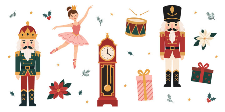 Nutcracker Christmas vector set with wooden soldiers, ballerina, vintage clock, and drum isolated on white background, Vintage Christmas vector collection, fairytale
story character elements