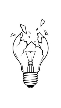 Illustration of a broken light bulb with shattered glass fragments cracked bulb electrical failure black white doodle illustration sketch art dangerous object bulb icon fragile glass
