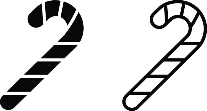 Christmas candy cane icons, striped peppermint holiday sweets, black silhouette and outline vector set for winter seasonal design
