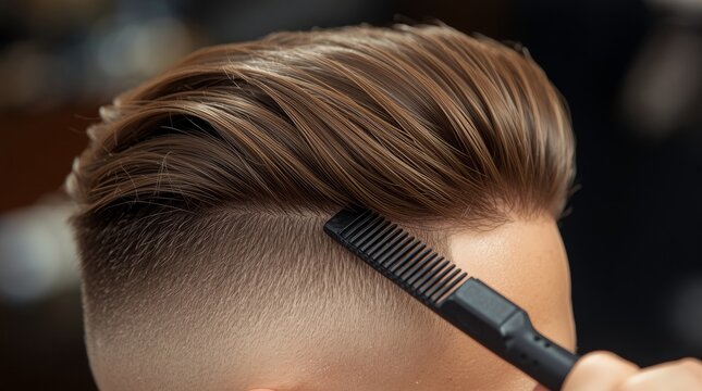 Close up of a stylish hair styling comb creating a sleek voluminous quiff on short hair with lighting emphasizing craftsmanship craftsmanship grooming precision