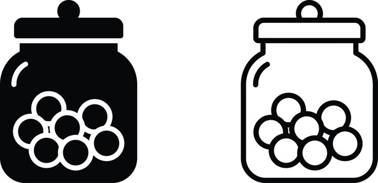 Minimalist candy jar icons, black solid and outline glass jars with sweets, set of 2 vector food storage containers for web design