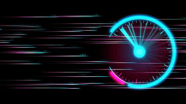 Digital speedometer with glowing neon blue light indicating speed against a dark background with binary code streaks