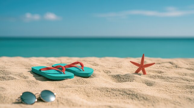 Beach Vacation Essentials - Flip-flops, Sunglasses, and Starfish on Sandy Shore.