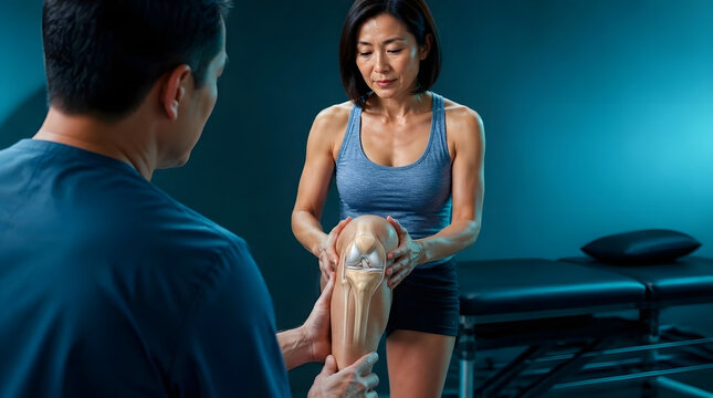 Knee injury, physical therapy and medical diagnosis with doctor for anatomical joint pain, healthcare and bones. Asian woman, specialist and anatomy check for rehabilitation, sport and health.