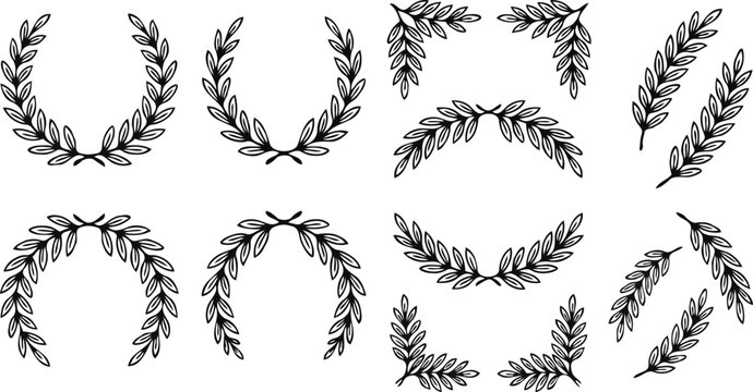 Hand Drawn Laurel Wreath Vector Set with Half Circle Leaf Frames and Corner Borders for Wedding Invitations Logos and Award Certifications