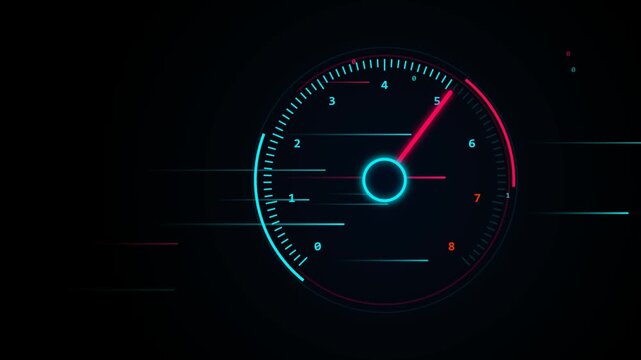 Futuristic digital speedometer gauge with glowing neon highlights and numerical indicators against a dark backdrop