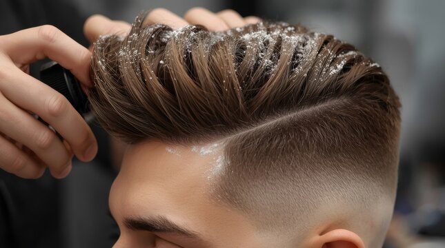 Professional stylist enhancing hair volume with texturizing powder for modern grooming with moment stylist applying styled undercut haircut with captures close moment