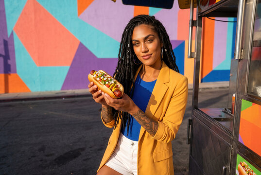 Woman in a Yellow Blazer Holding a Hot Dog by a Colorful Mural