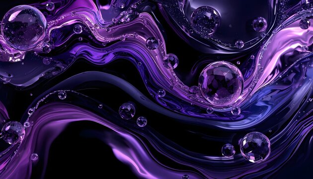 Abstract flowing waves of glossy liquid merging with translucent crystal spheres and delicate glass ribbons, rich deep purple, black and sapphire tones, realistic reflections, soft dramatic shadows, l