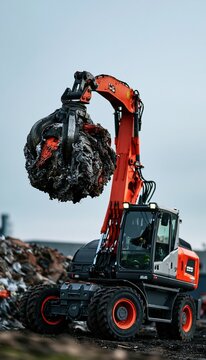 Material handler lifting compacted recyclable metal bundle at scrapyard ground level