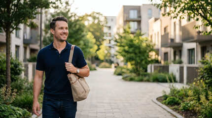 Fototapeta premium Man walking in a modern urban neighborhood with contemporary buildings and greenery