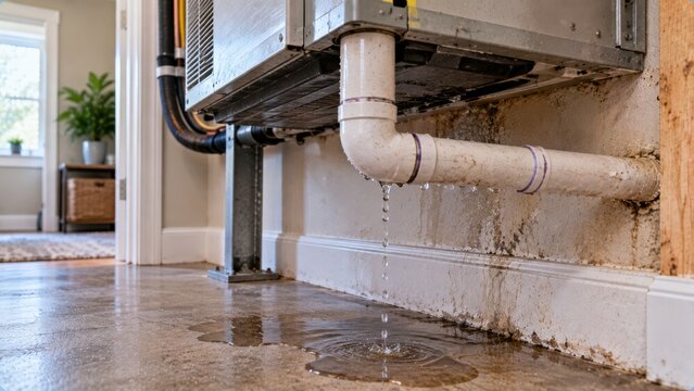 Broken pipe leaking water from air conditioning unit causing severe damage to apartment interior wall.