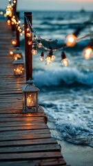 Fototapeta premium Serene beach pier with lanterns and crashing waves
