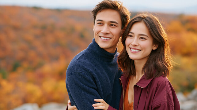 Smiling couple against an autumnal backdrop