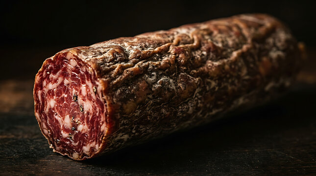 A close-up of a rustic cured salami sausage resting on a dark wooden surface