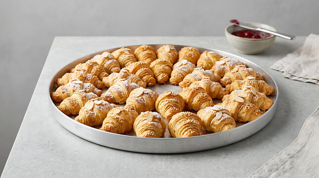 A circular metal tray filled with freshly baked almond croissants and a small bowl of jam on a light grey surface