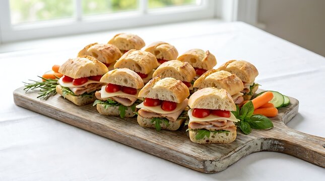 Fresh mini turkey sandwiches arranged on a rustic wooden serving board for a party appetizer. Sandwich appetizer ideas
