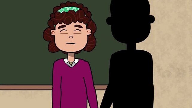 Animated student standing near blackboard speaking with mysterious dark silhouette in this conceptual classroom environment educational vector motion loop video
