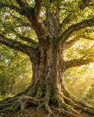 Fototapeta premium Majestic Ancient Oak Tree with Massive Roots in Sunlit Forest
