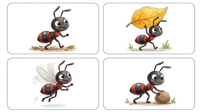 Adorable illustrated ant characters happily engaged in a variety of different jobs in a bright and cheerful cartoon design