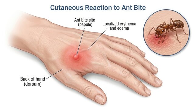 Detailed illustration of a cutaneous fistulitis lesion on a human hand with a magnified inset view