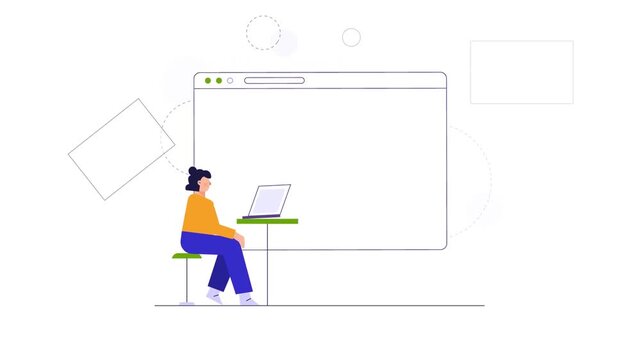 Professional woman working on laptop computer with large browser window display in this creative motion animation graphic design project file