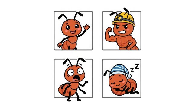 Four cartoon ants in different poses and colors showcasing various expressions and activities on white backgrounds