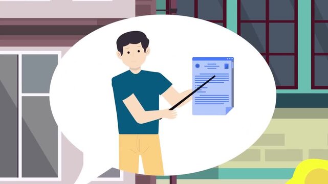 Cartoon woman listening to male teacher explain educational information on document within speech bubble motion graphic animation video file style