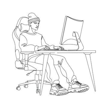 Man Gaming on PC Sitting in Gaming Chair Single Line Black Vector Illustration