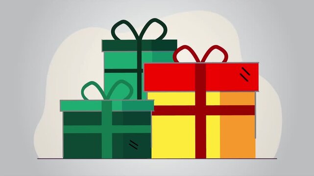 Colorful wrapped gift boxes sitting in a pile presented as an animated motion graphic element for holiday celebration design projects