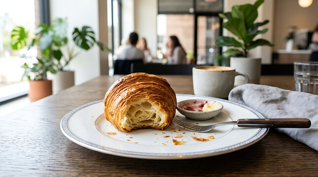 Half-eaten flaky croissant served with jam and coffee on a wooden table in a cafe
