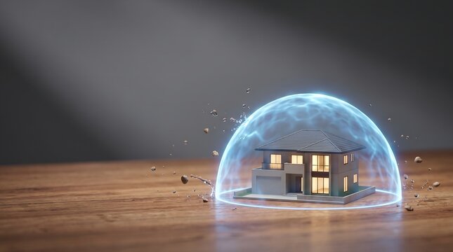 Home insurance concept with a protective energy shield around a house model
