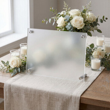 Frosted Acrylic Plaque Sign Mockup Wedding Table Decor Blank Signage Display Template Minimalist Modern Event Stationery Design Elegant Tabletop Setting White Roses Greenery Floral Centerpiece, Design