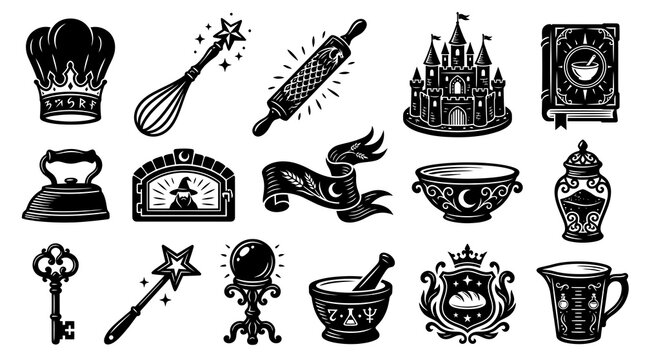 Black and White Fantasy Baking and Alchemy Icons Set - Chef Hat, Castle, Potion