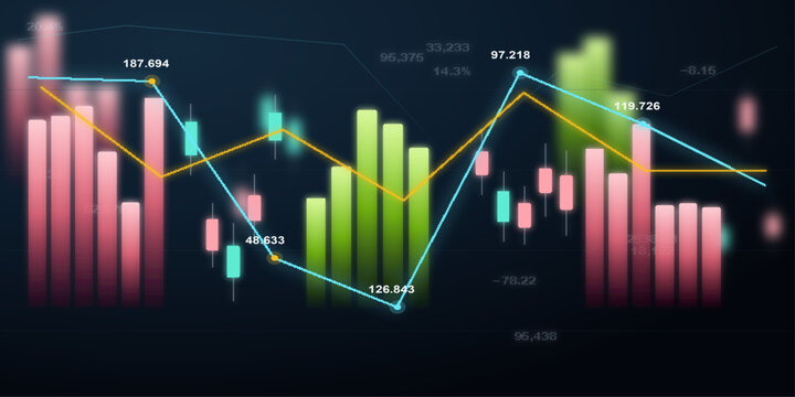 A vibrant and dynamic abstract visualization of stock market data, showcasing fluctuating bar graphs and trend lines in vivid colors, representing financial growth and volatility.