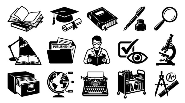 Black  White Glyph Education  Research Icons Set. Academic Study, Learning  Science Symbols.
