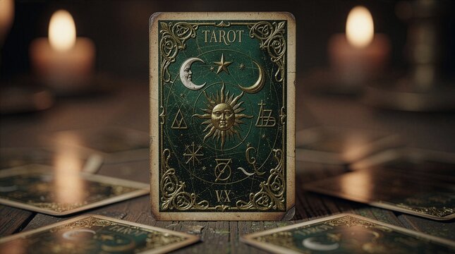 An ornate vintage tarot card with a green and gold celestial design featuring a smiling sun, crescent moons, and mystical symbols sits upright on a dark wooden table surrounded by blurred candles.