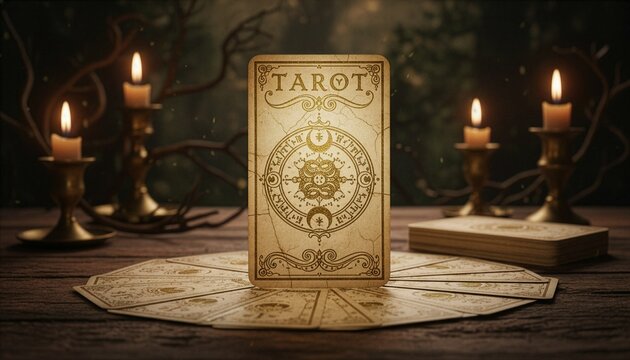 A vintage tarot card stands upright on a rustic wooden table surrounded by a spread of cards and burning candles in brass holders, creating a mystical and atmospheric scene