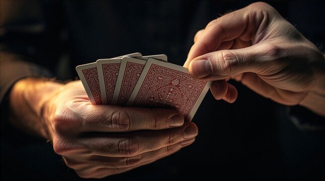 A close-up shot of a person's hands holding a fan of red patterned playing cards against a dark background, with dramatic side lighting highlighting the skin texture and details.