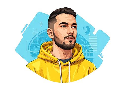 Stylized vector portrait of a young, bearded man in a yellow hoodie looking sideways, with abstract blue digital elements in the background, perfect for modern design and technology concepts.
