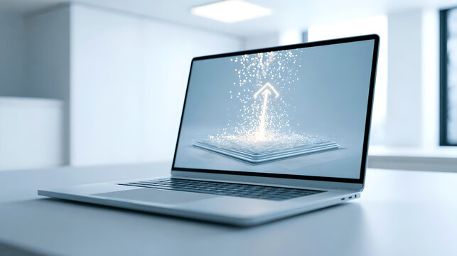 Silver laptop computer displaying digital book with glowing upward arrow on screen in modern office setting